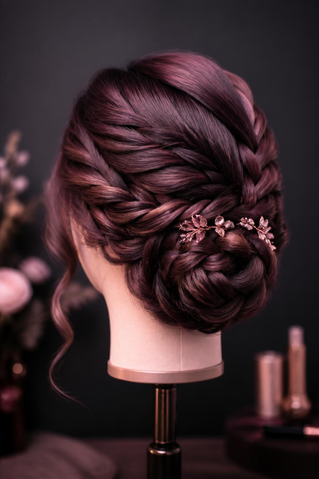 Finished braided updo on a styling form under pink light