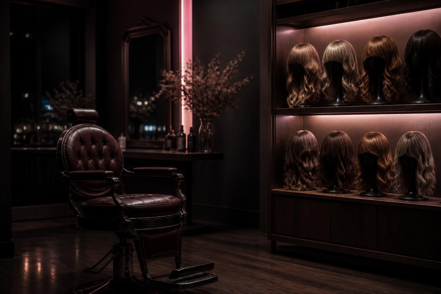 Dark, chic salon interior with sheitel forms on a shelf under pink light