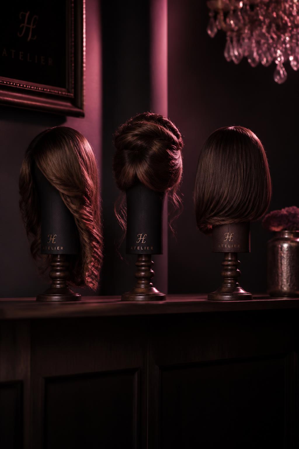 Styled sheitels on forms under pink atelier light