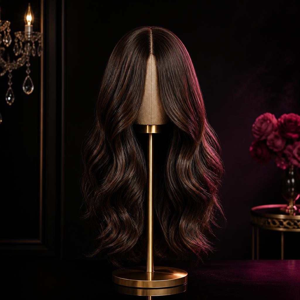 Long wavy custom sheitel styled on a gold display stand