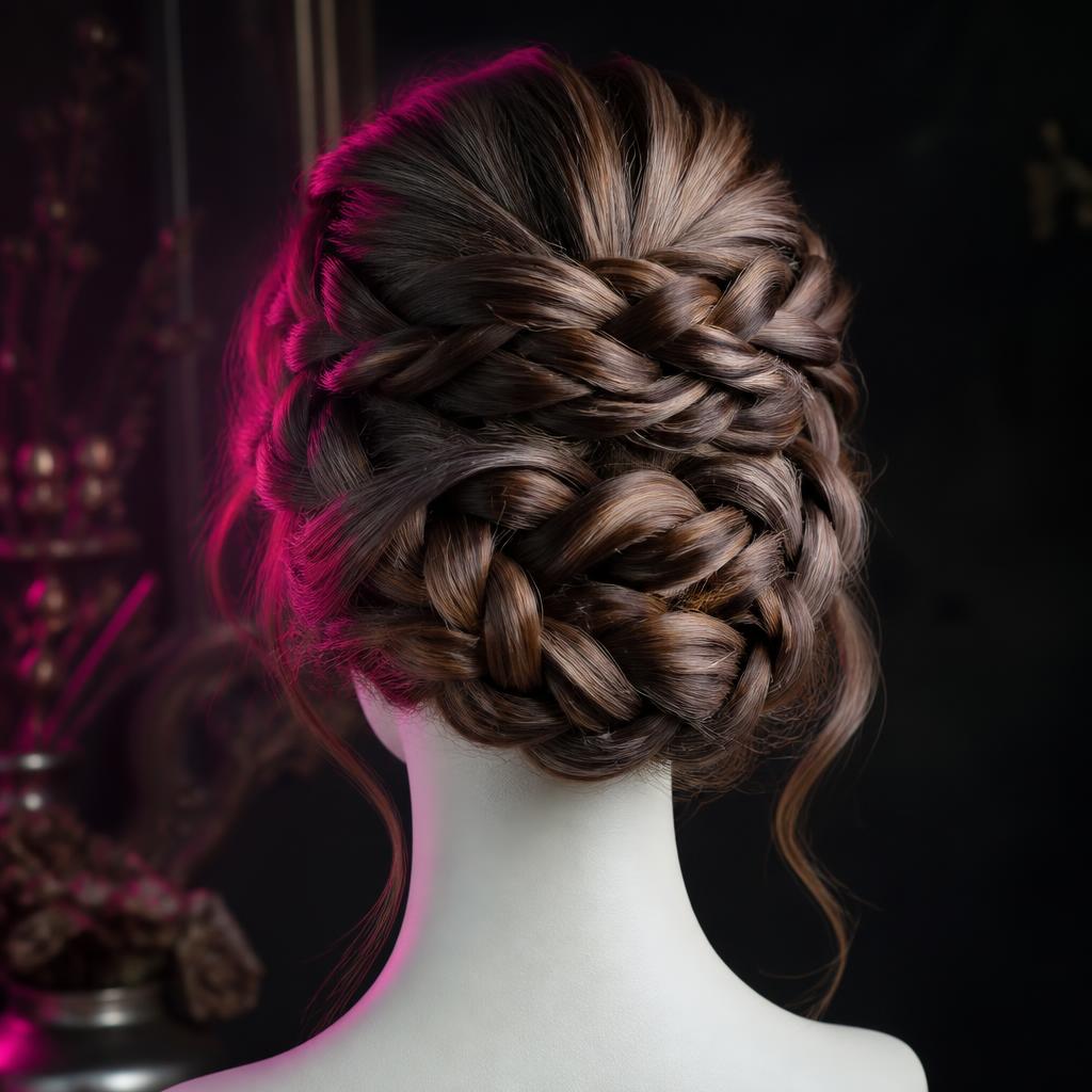 Intricate braided updo set on a styling form