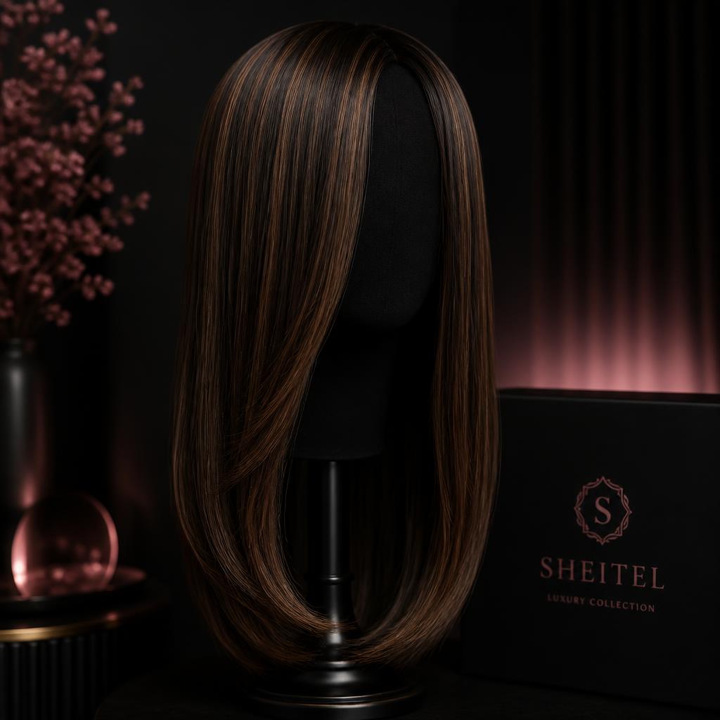 Sleek straight sheitel with caramel highlights on a wig form