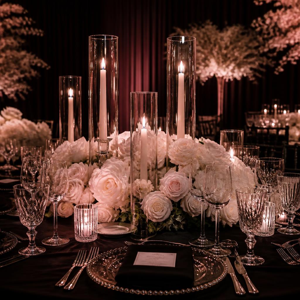Elegant simcha table set with white roses and tall candles