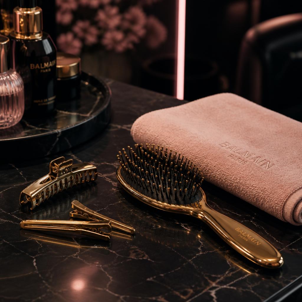 Salon detail — gold brush, clips and a blush towel on dark marble