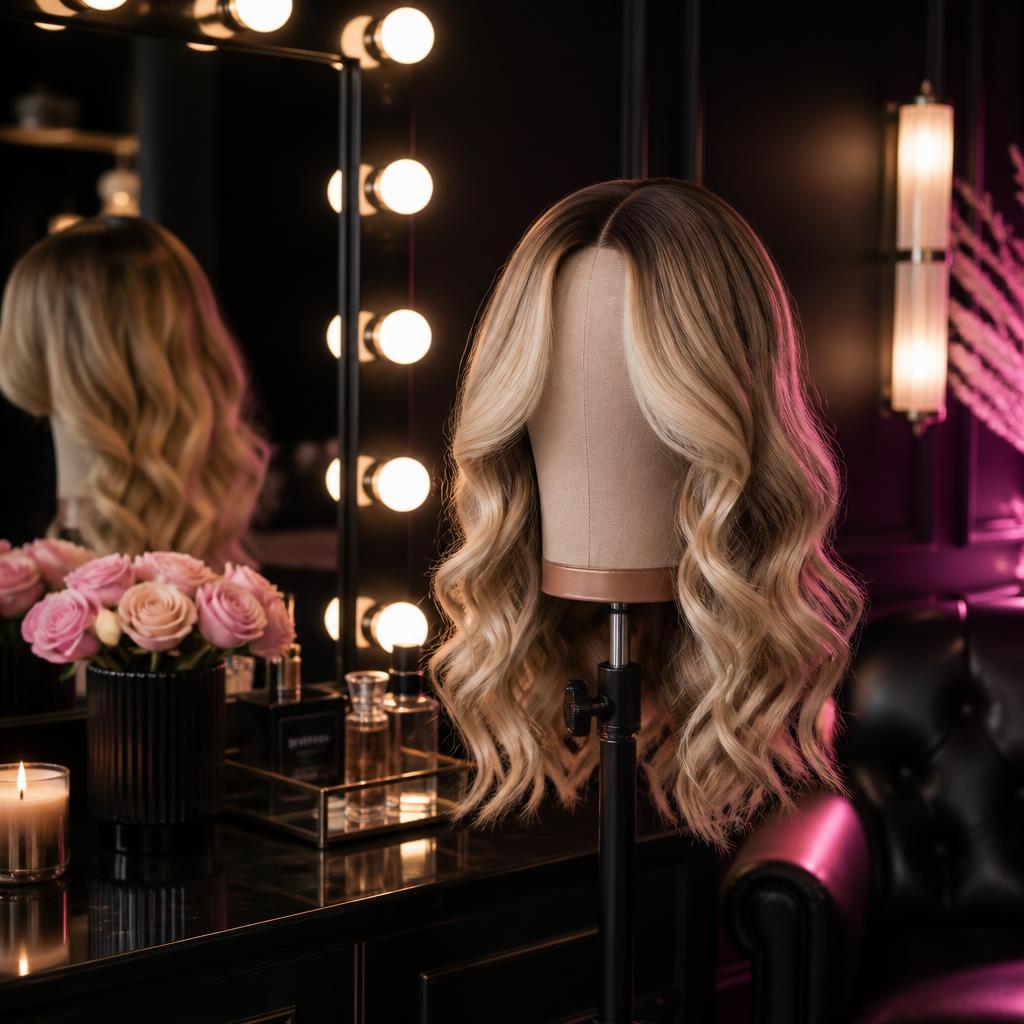 Blonde balayage sheitel with loose curls beside a lit vanity mirror